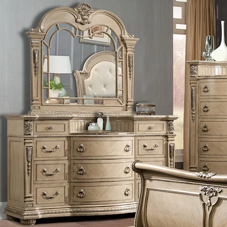 Traditional Elegantly Carved Dresser and Mirror Set